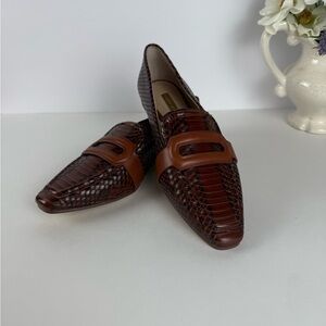 Louise et Cie Brown Snake Embossed Loafers Slip On Flats Buckle Detail